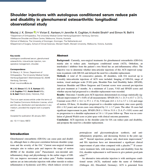 Shoulder injections with autologous conditioned serum reduce pain and disability