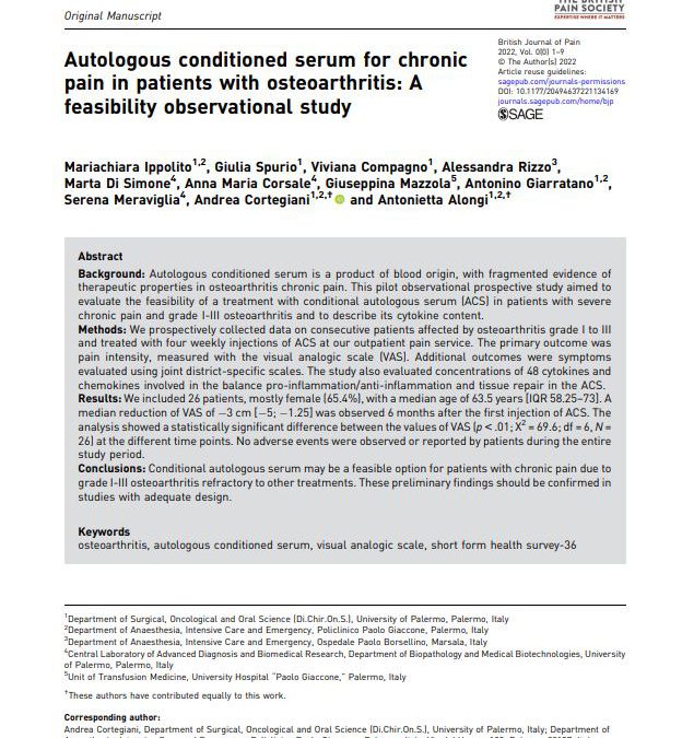 Autologous conditioned serum for chronic pain in atients with osteoarthritis: A feasibility observational study